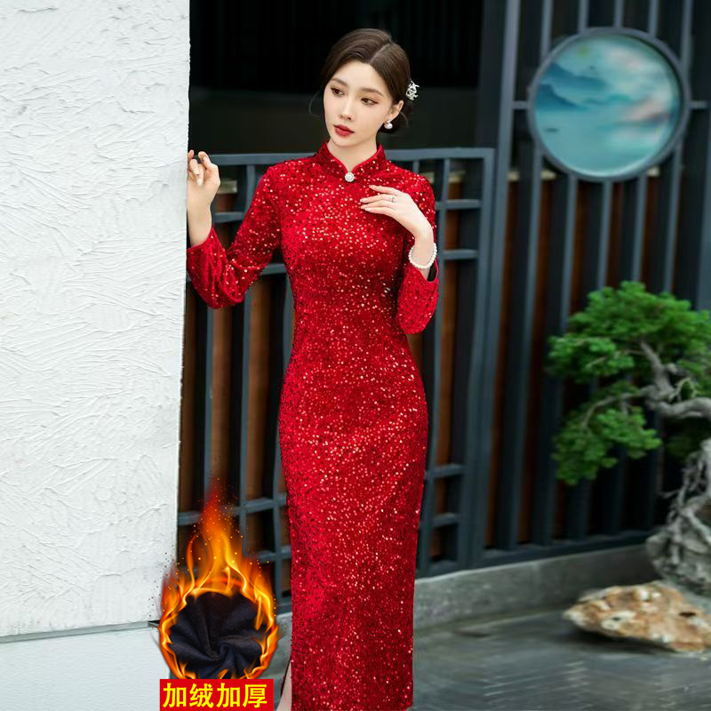 加绒加厚新中式日常旗袍优雅中国风红色纯色加绒常规长袖显瘦