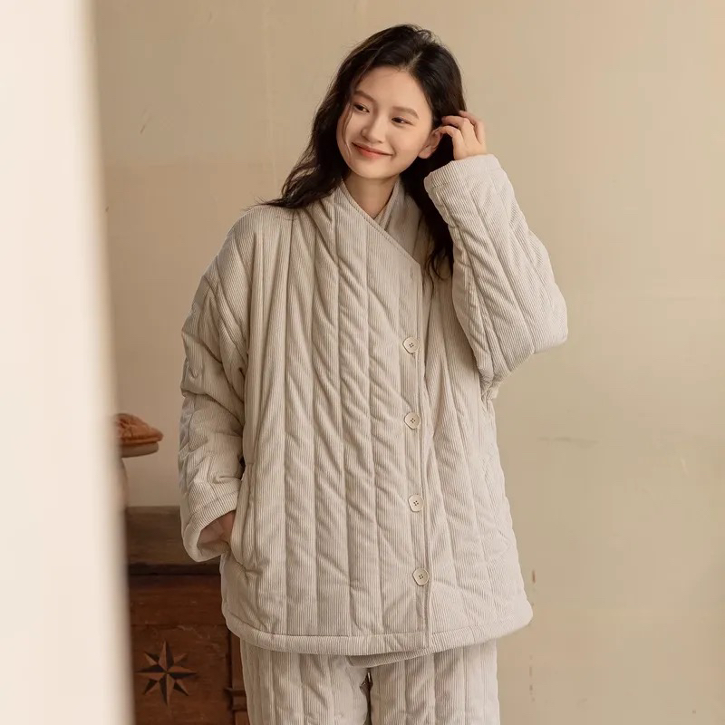 冬季新款三层夹棉加绒加厚女士保暖可外穿纯色家居服套