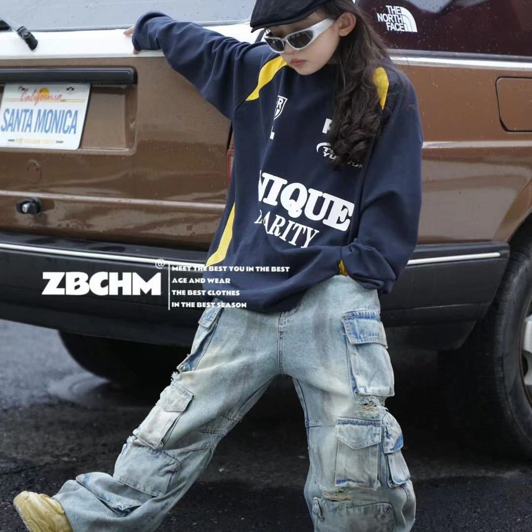 潮牌街头小众破洞多口袋脏脏牛仔裤宽松潮流