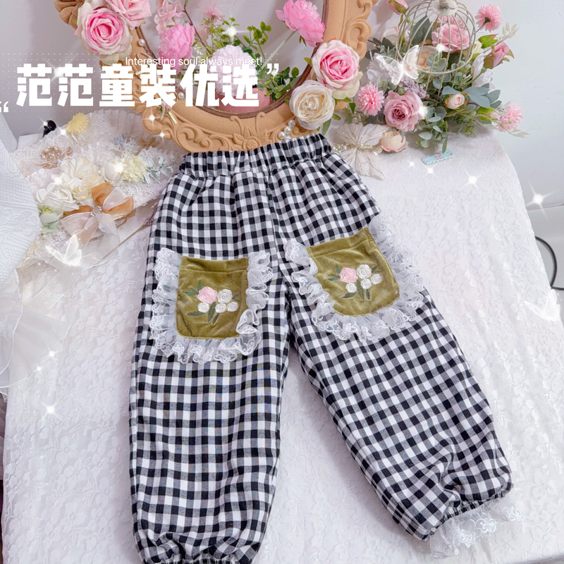 【范范童装优选】儿童休闲【格子花边】加绒裤子18826