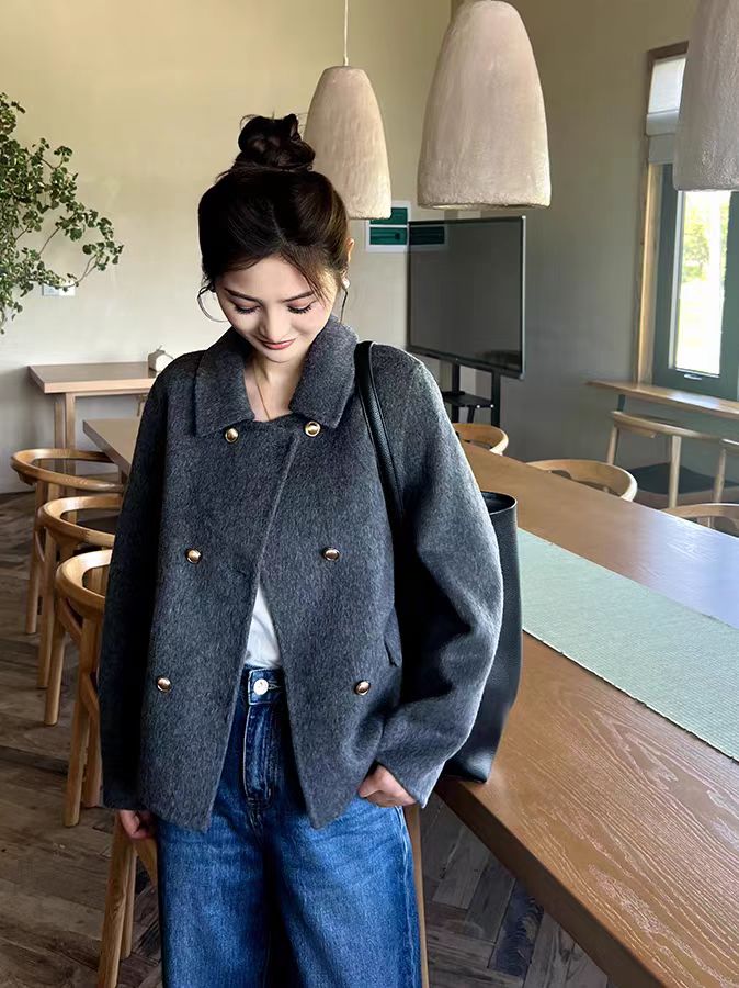 短款小香风女直下摆秋冬毛呢外套韩版复古小香风秋冬宽松双面
