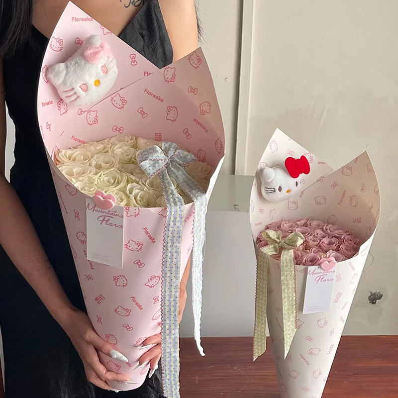【喜儿】爆品新款双角和单角快乐猫定型片花束包装纸花艺包装材料