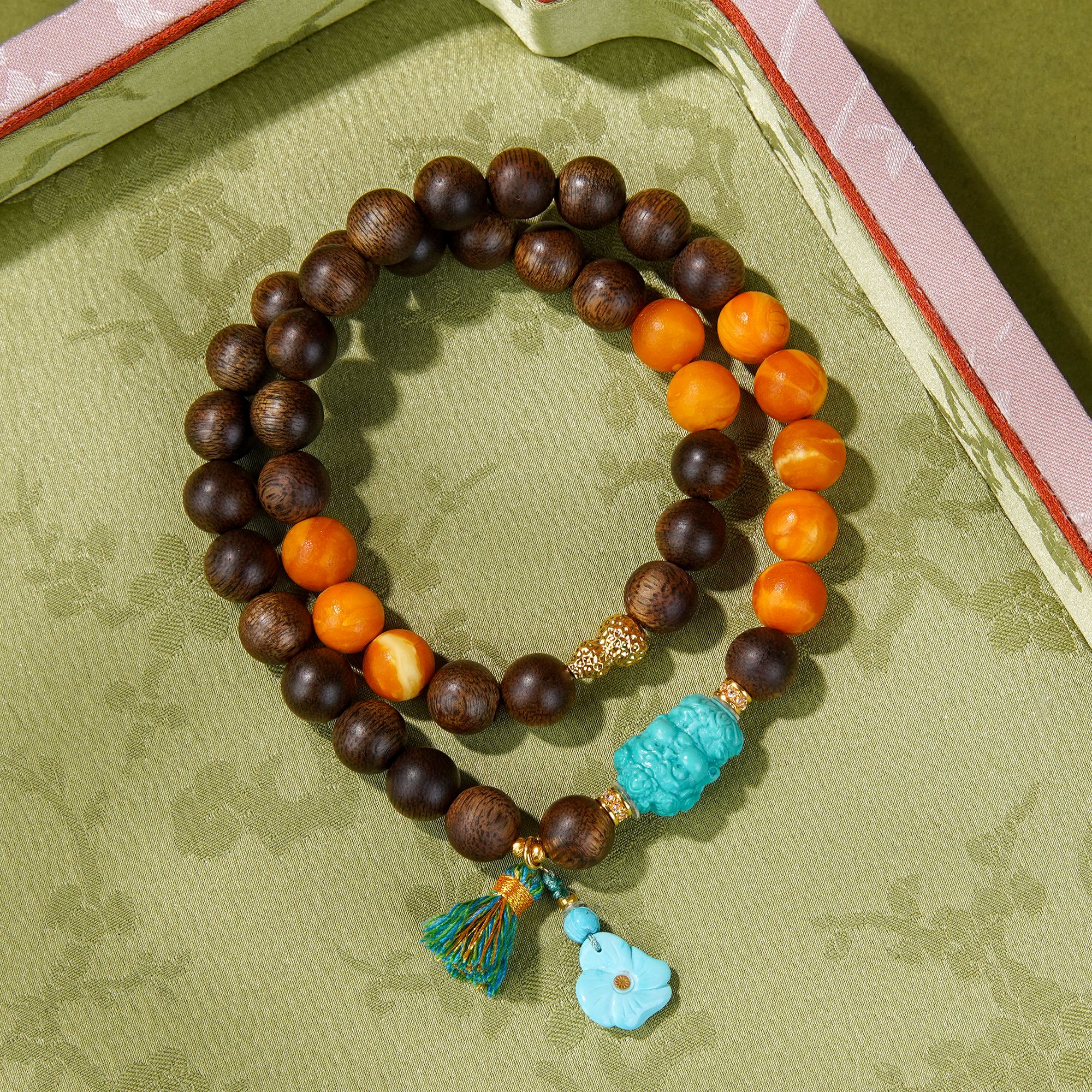 沉香沉水白奇楠0.8DIY绿松雕刻黄财财18k蜜蜡沉香手串/CX00544