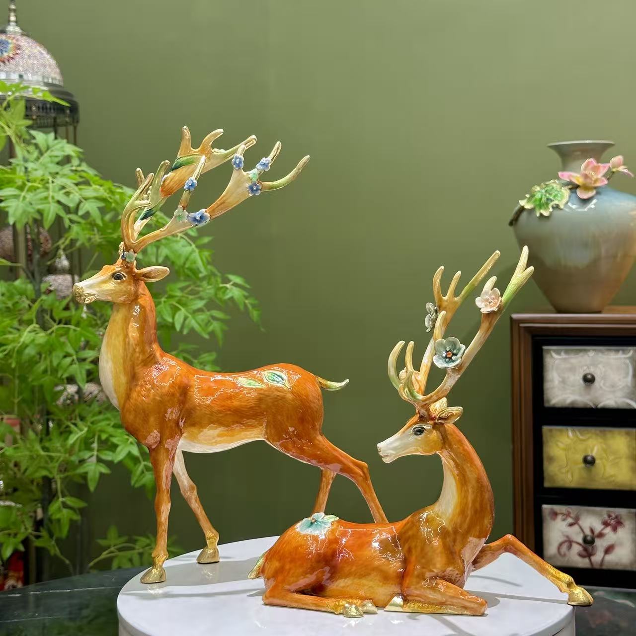 《福禄双全》珐琅彩工艺鹿摆件创意乔迁礼物开业礼品装饰
