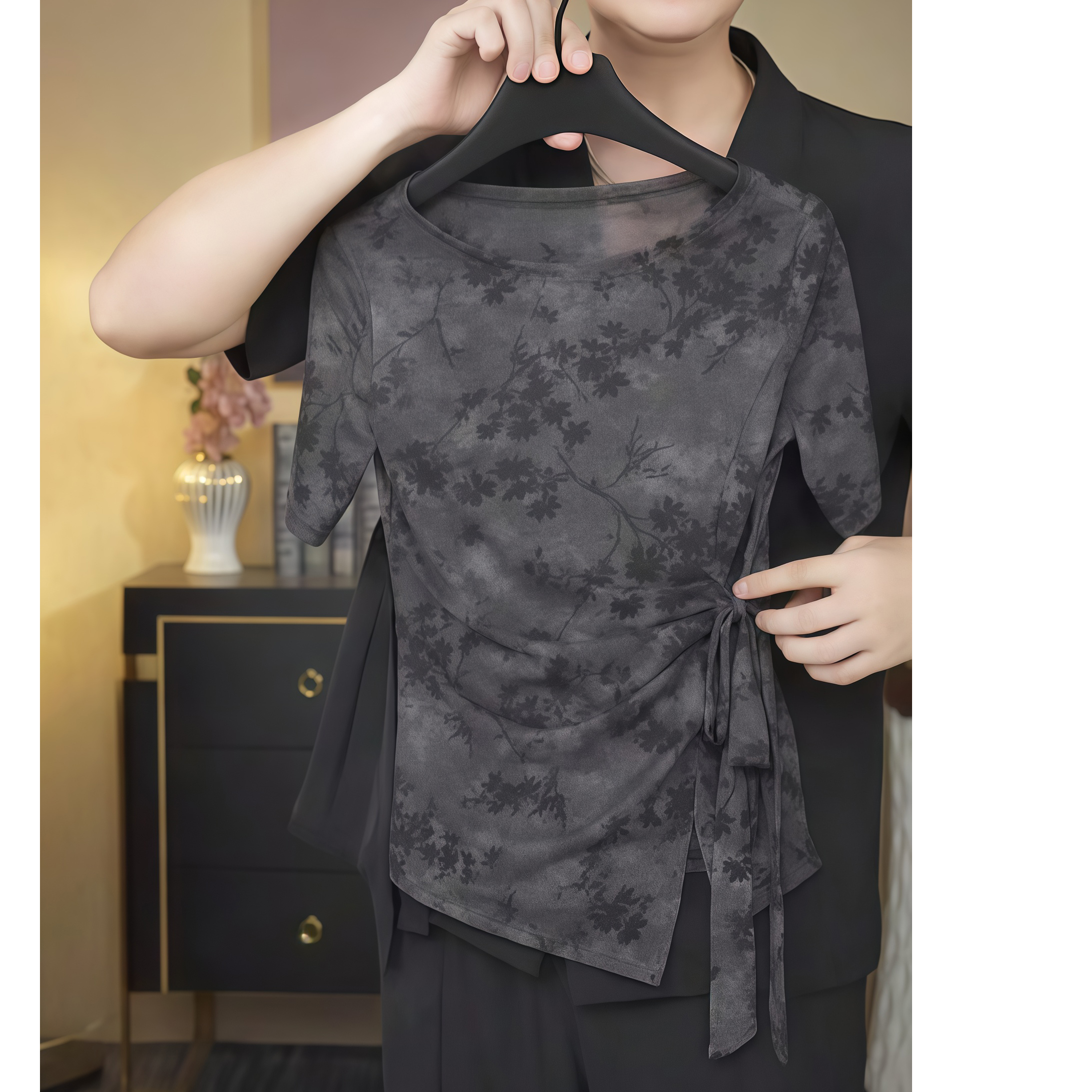 【墨枝绕带】夏季高级感碎花绑带蝴蝶结短袖网纱T恤女显瘦上衣潮流