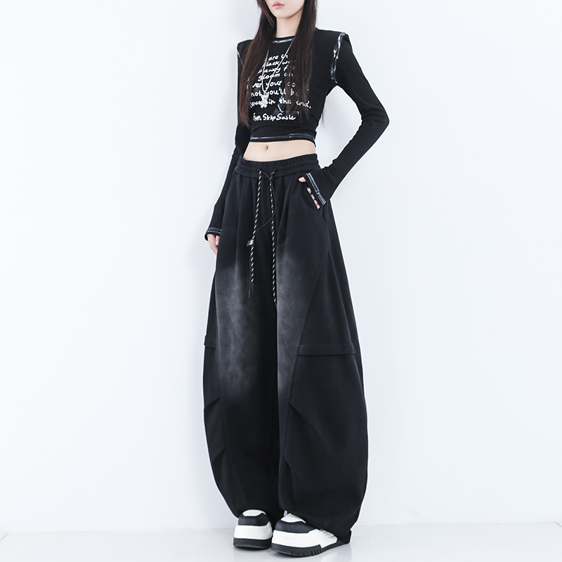 轻奢百搭 个性扎染高腰渐变弯刀香蕉裤休闲抽绳宽松 6610