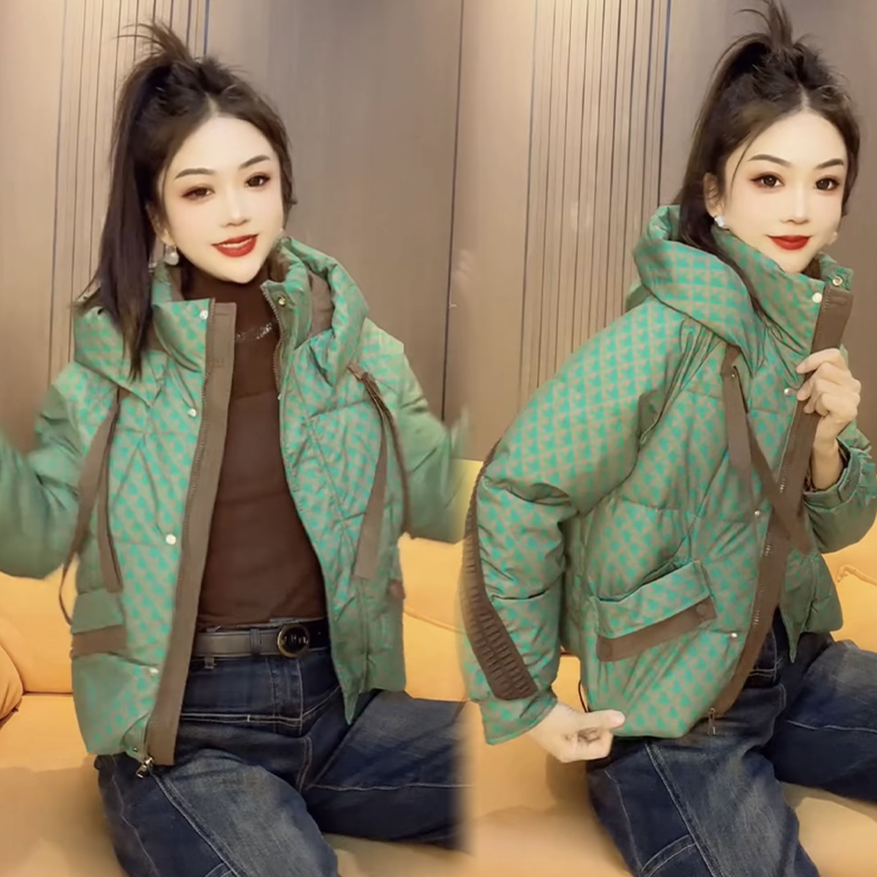 时尚绿色格纹短款连帽棉服外套女冬季洋气高级感超好看小棉袄秋冬