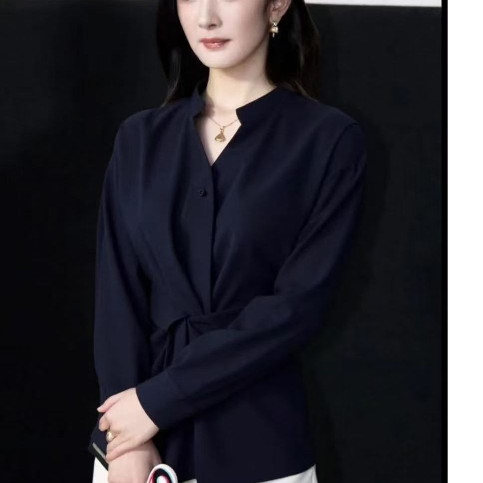 【幂幂同款&扭结立领收腰衬衫】早春新款设计感扭结立领衬衫DF505