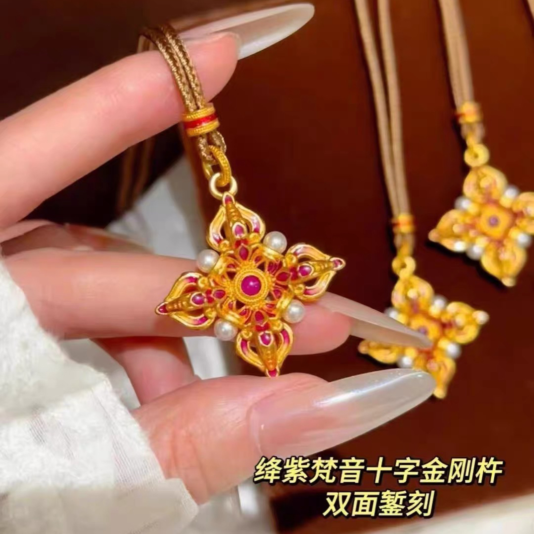 合金布艺项链 珐琅彩绛紫梵音十字金刚杵项链贝珠降魔杵毛衣链