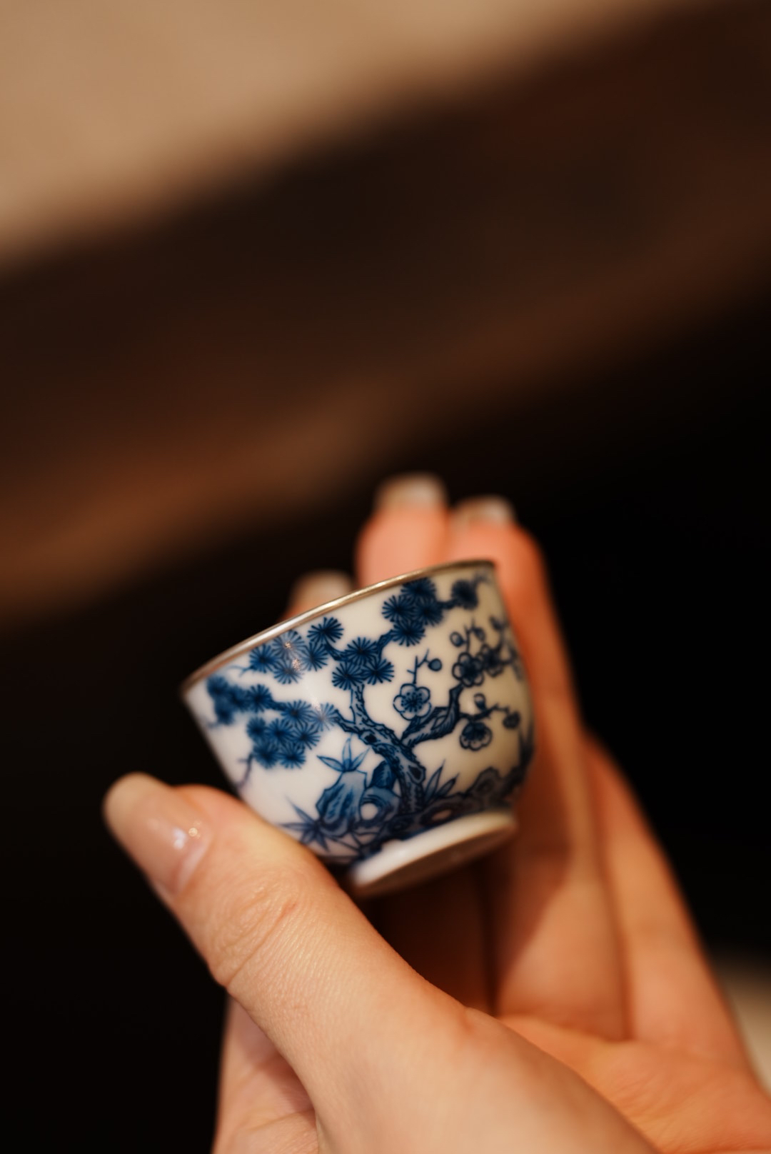 手工绘画松竹梅包银口单杯