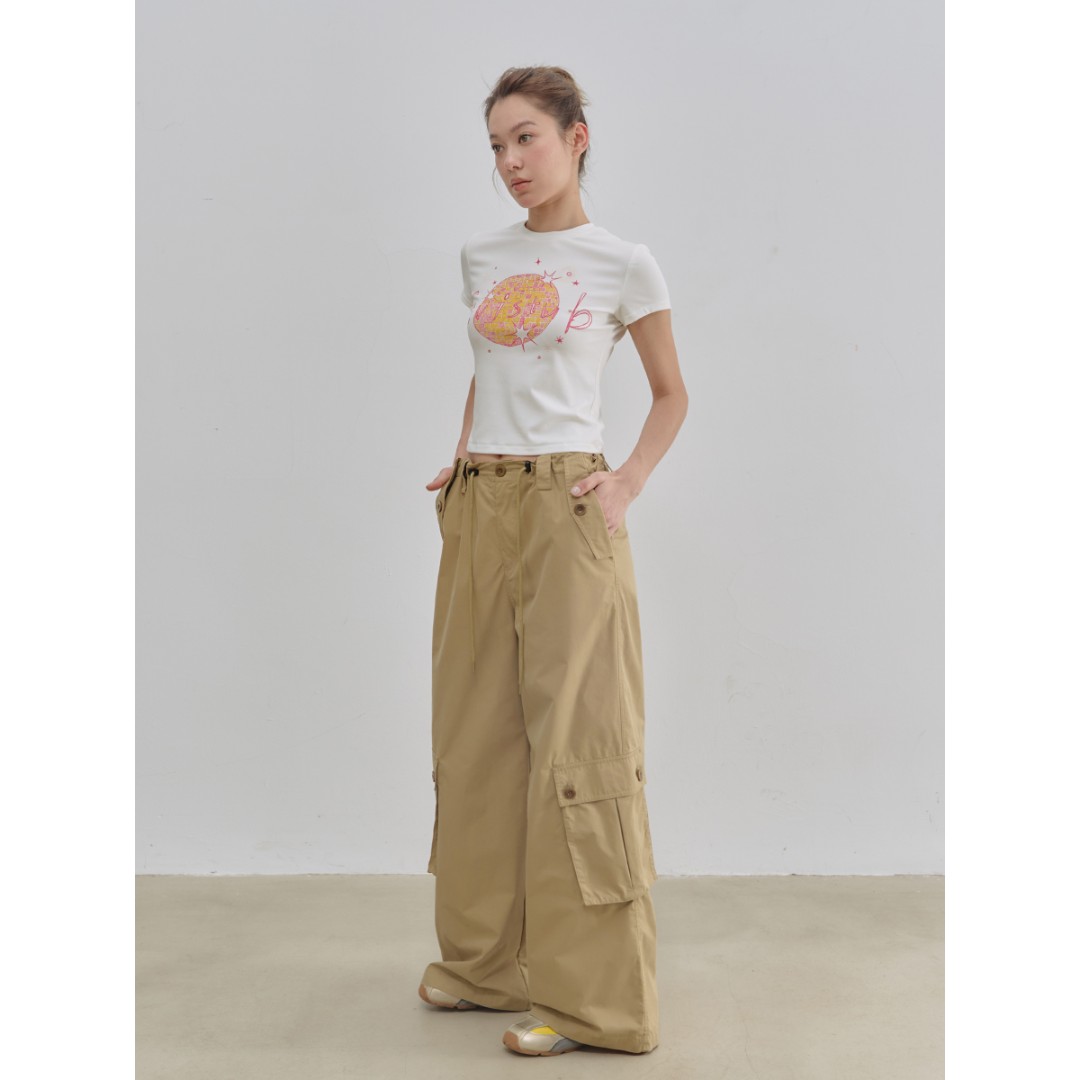 EVISTUB重工艺酵洗美式复古宽松阔腿剪裁抽绳多口袋工装裤女夏季