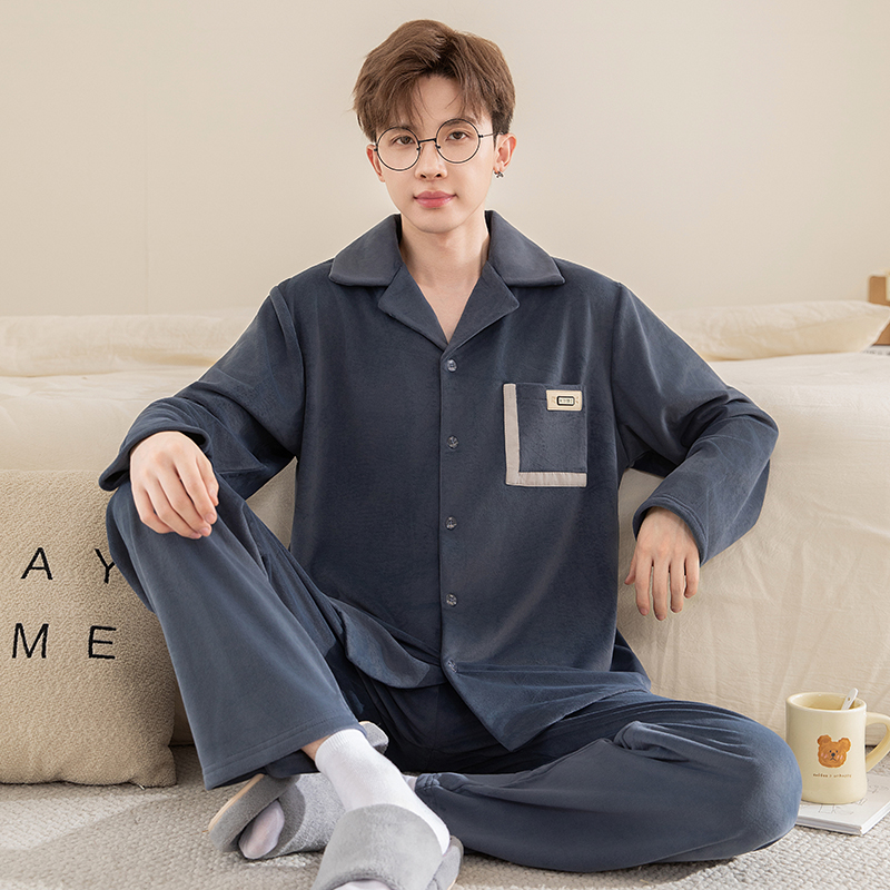 新款海岛绒睡衣男士秋冬季珊瑚绒加大码春秋款薄绒男款家居服套装