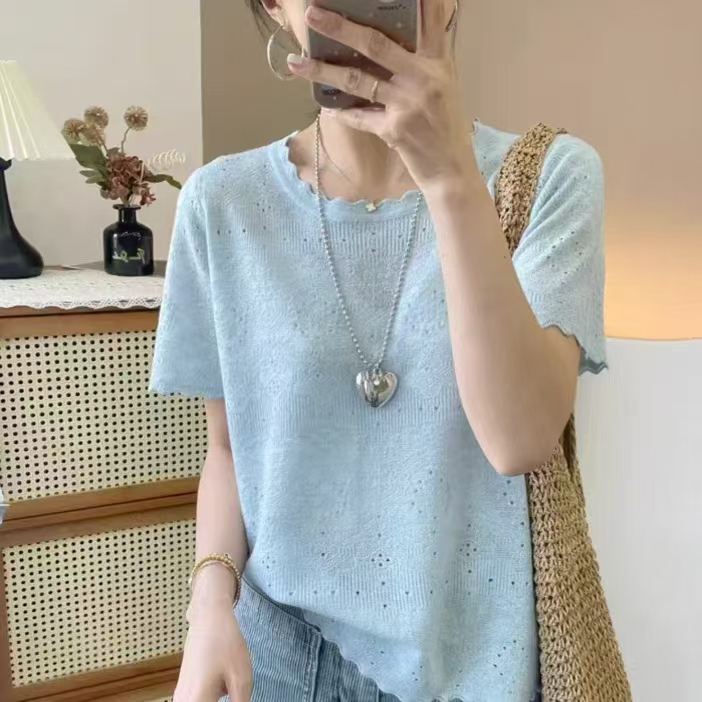 良玉推荐纯色花边针织短袖