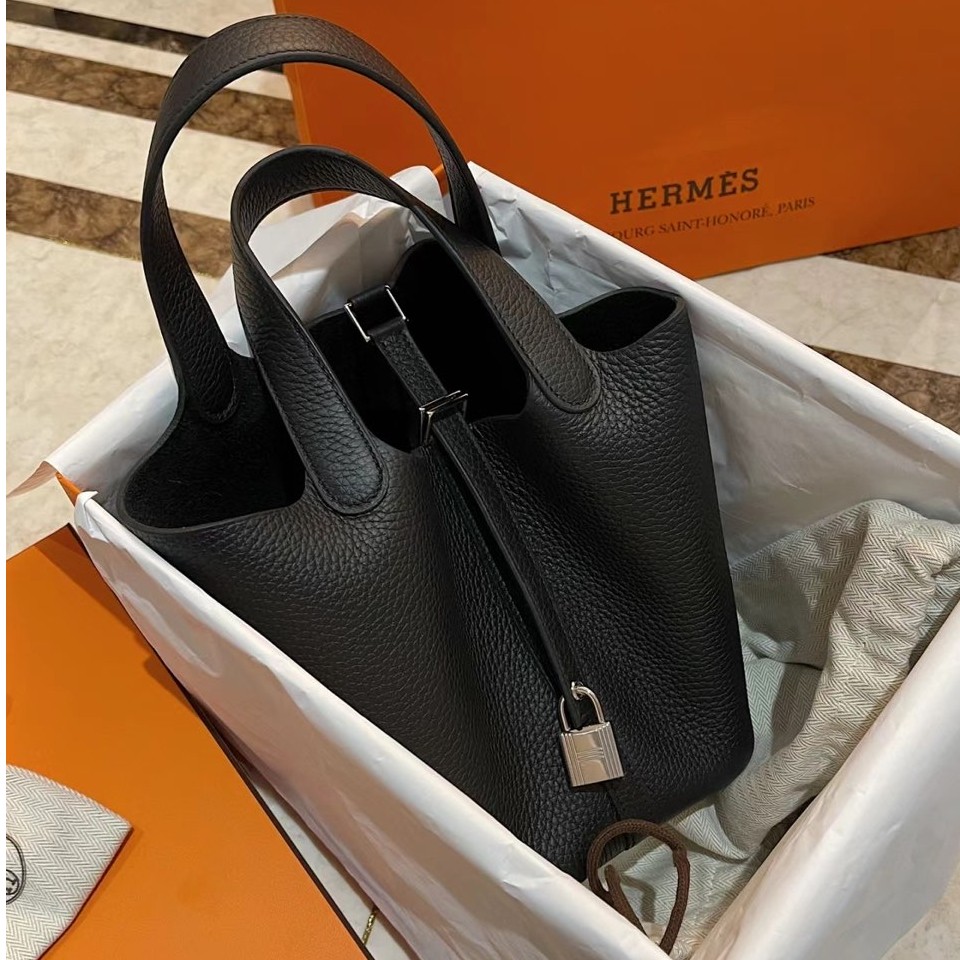 99新 Hermes/爱马仕 活动XF【小花念念】菜篮子 18 黑色 Y刻 银扣包