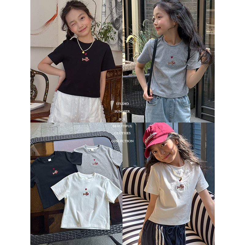 咸蛋小虾米童装2025年夏装新款韩国女童刺绣小狗短袖T恤         