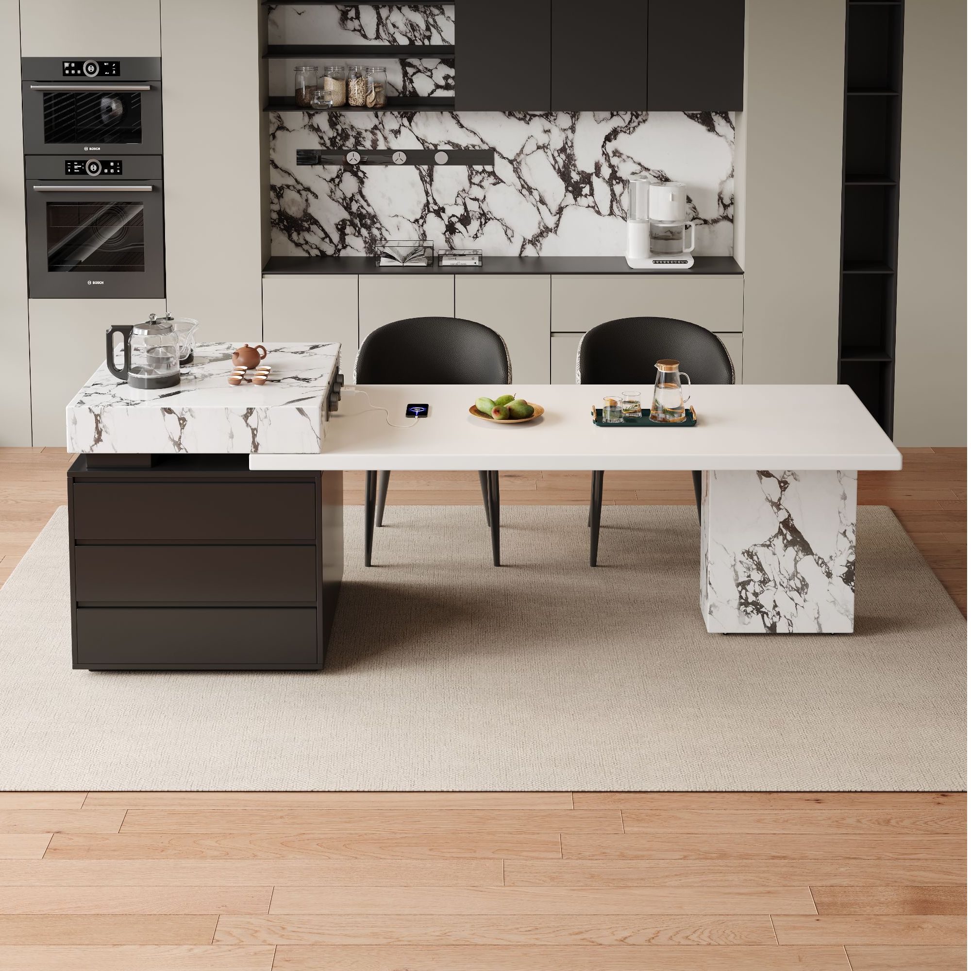 宝格丽白2025岩板岛台意式风可伸缩餐厅成套家具轻奢吧台桌子