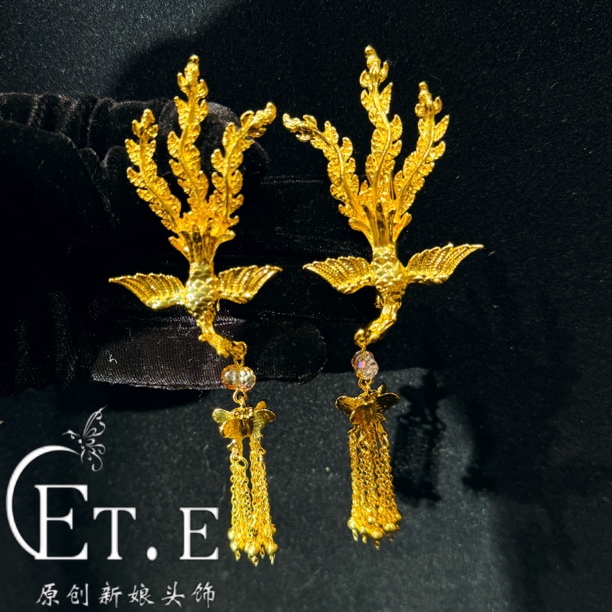 ETE ST2-13266百搭金色凤凰流苏边夹中式秀禾新娘头饰