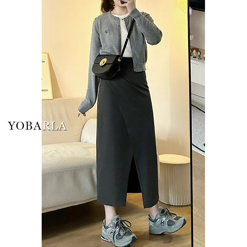 深灰色西装开叉休闲半身裙女秋冬高腰大码显瘦胖mm中长款a字裙子