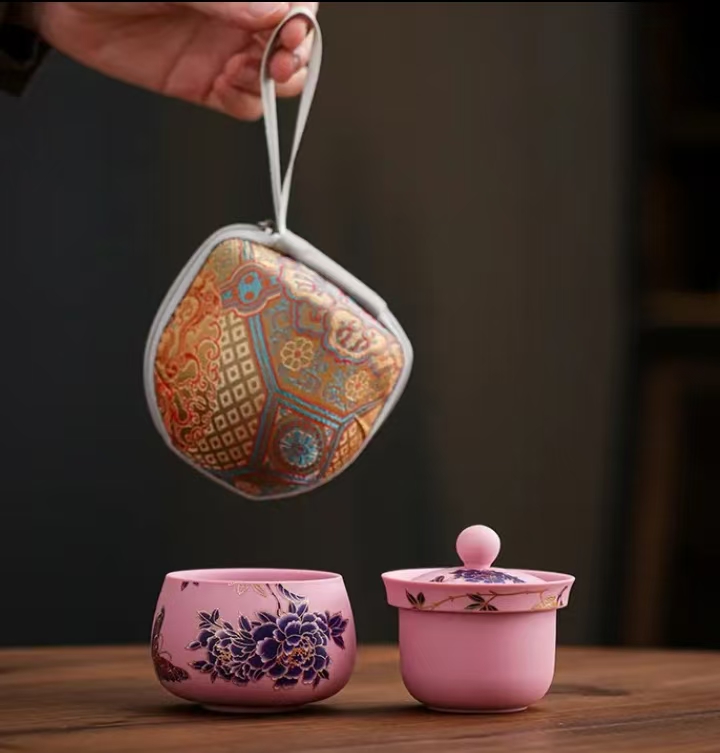 变色牡丹粉泥紫砂旅行茶具套装陶瓷户外露营泡茶杯便携收纳ZH1483