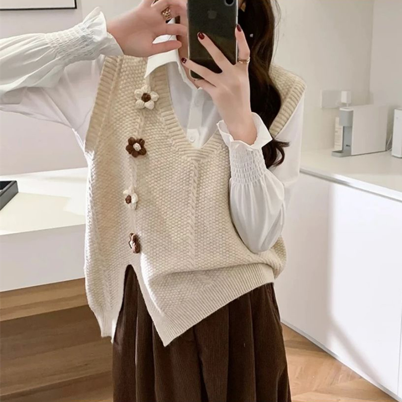 花朵V领针织马甲女秋季新款2025韩版休闲百搭叠穿上衣坎肩马夹