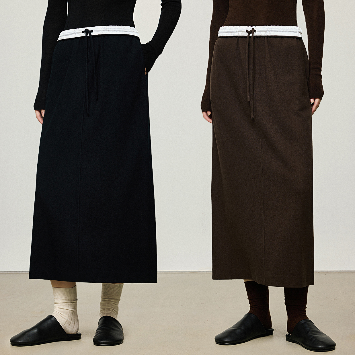 开间/可水洗易打理柔软针织羊毛 时髦抽绳撞色真丝翻腰头半裙