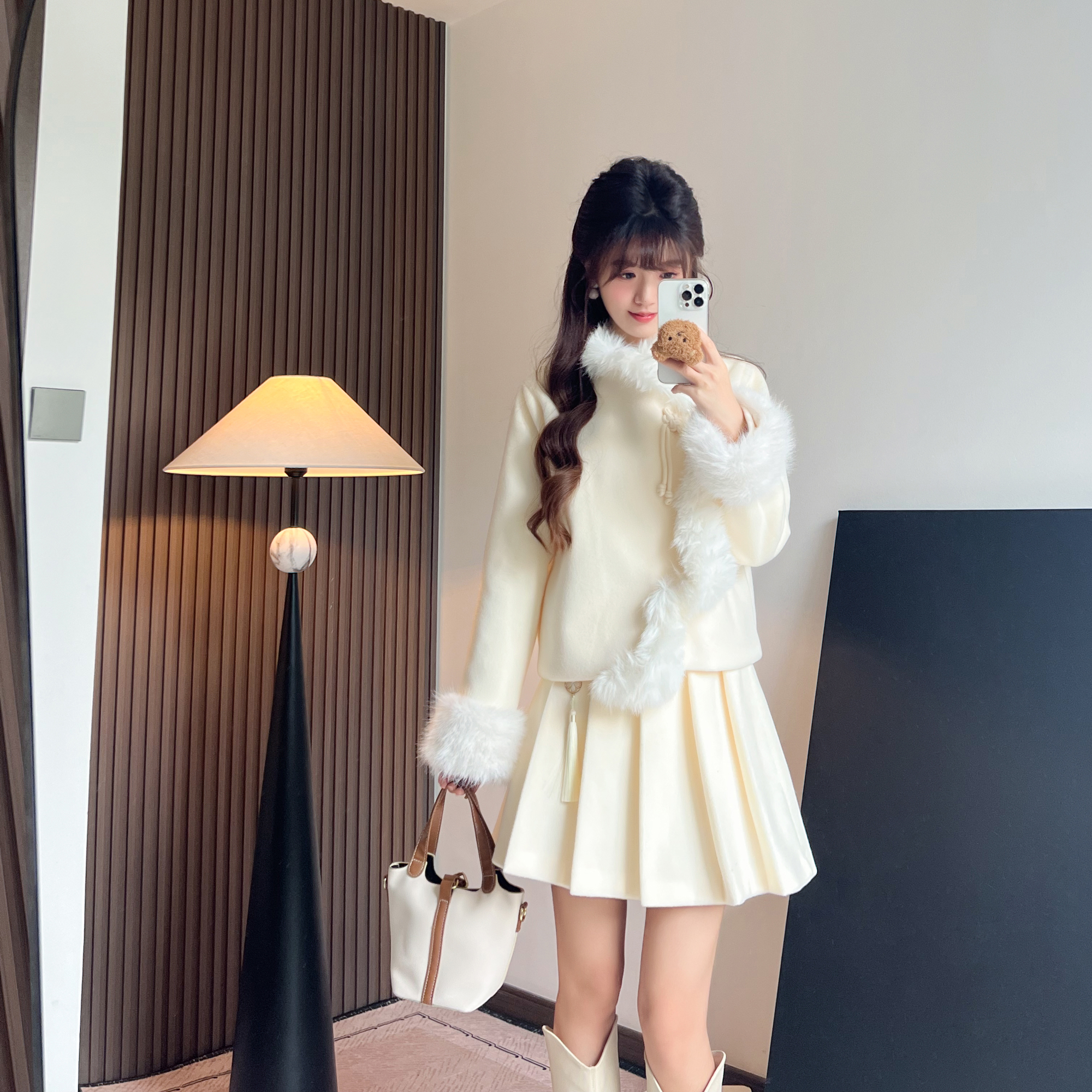 花崎鹿原创新中式国风甜美套装栀花清梦毛呢外套呢子冬季气质千金