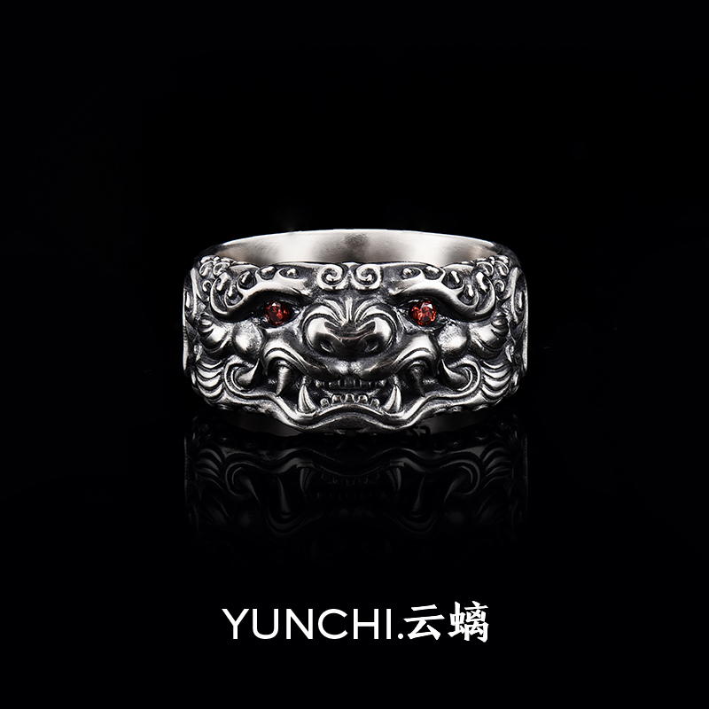 云螭 925银戒指 【赤瞳貔貅】复古戒指男国风国潮如意纹做旧原创锆