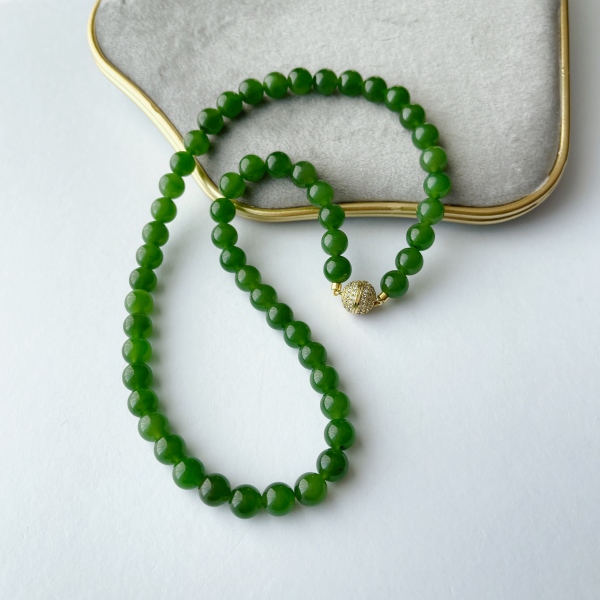 【晶雁优选】7-8mm微黑满钻球和田玉项链碧玉玉石妈妈链女款手工