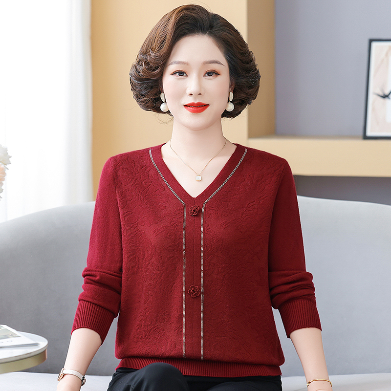2025秋冬新款针织毛衣女套头V领长袖时尚洋气中年妈妈针织衫上衣