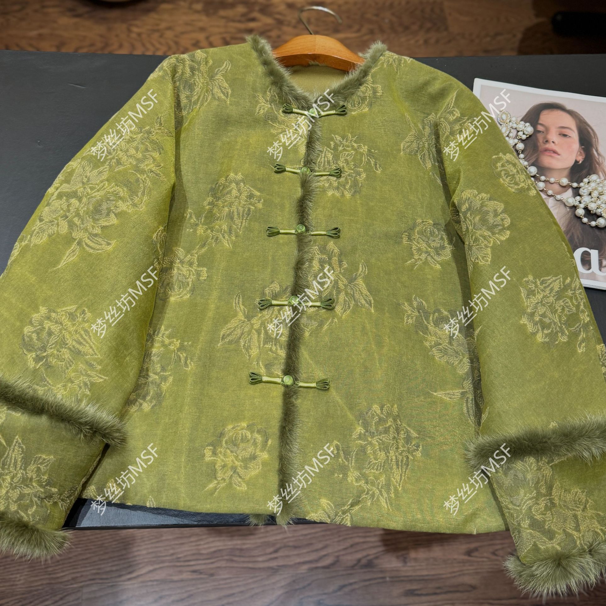 高端绿色油丝新中式水貂毛棉服外套女冬季圆领提花上衣夹棉厚棉袄