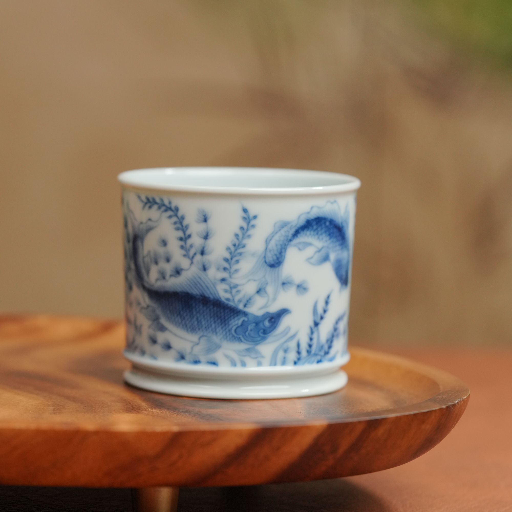 望月怀古满绘鱼藻直口杯WYHG032纯手工手绘主人杯
