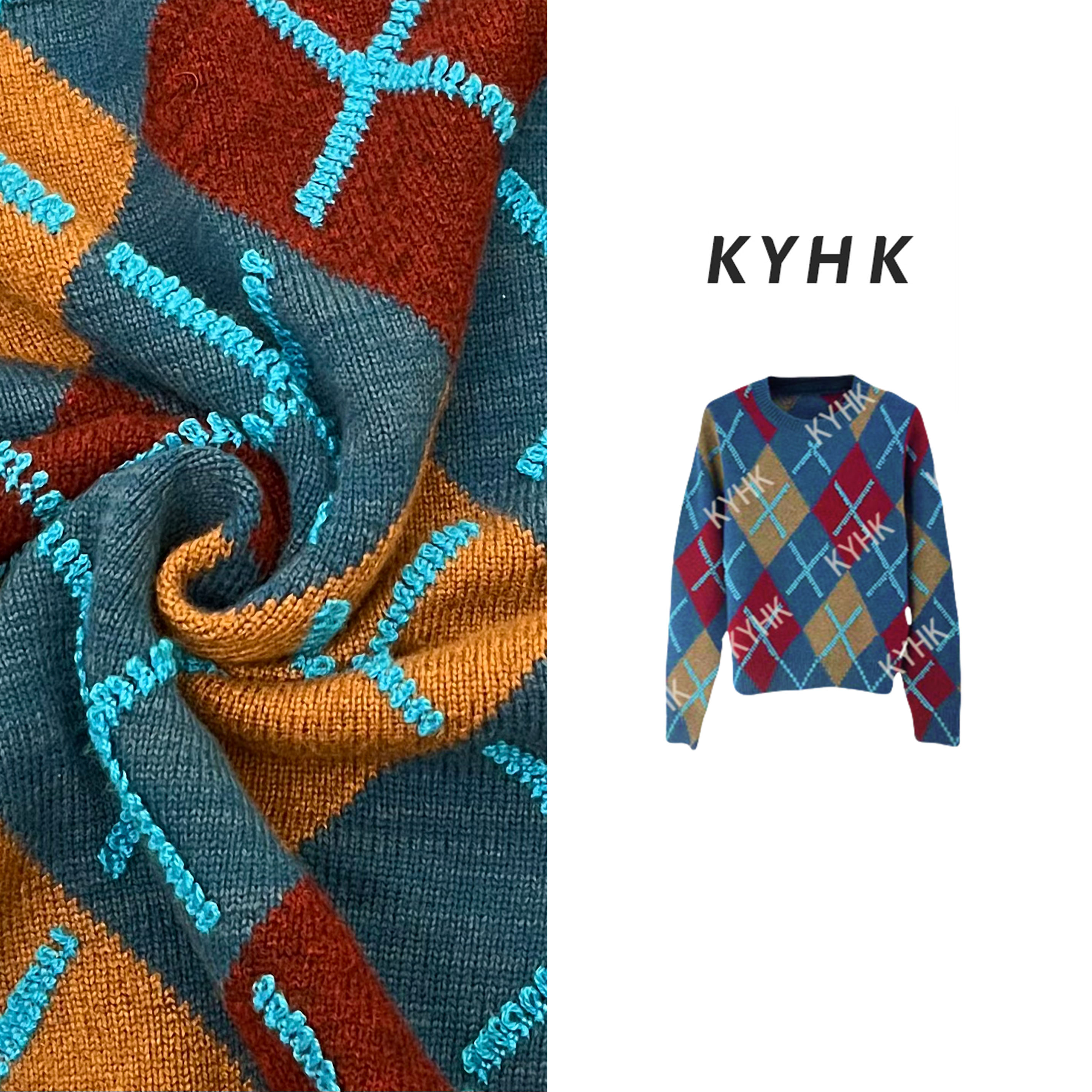 KYHK设计感菱格撞色圆领长袖针织衫240879