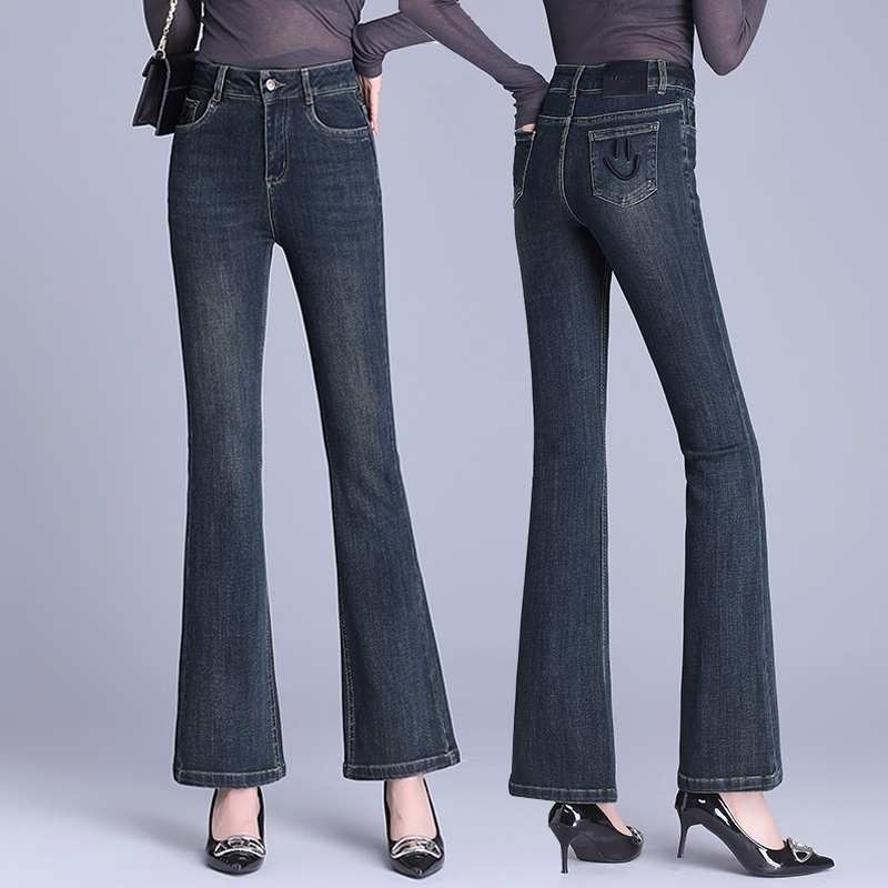 高腰牛仔微喇裤女春秋2025新款时尚笑脸刺绣修身弹力百搭喇叭裤潮