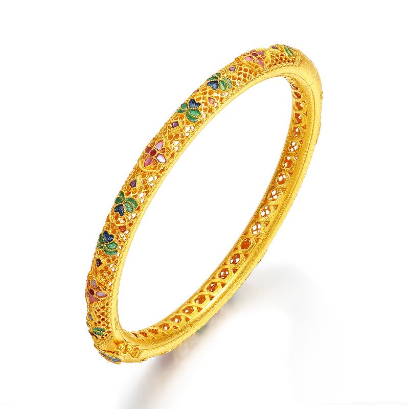 福满圆珠宝 足金 古法花丝螺钿四叶草镯