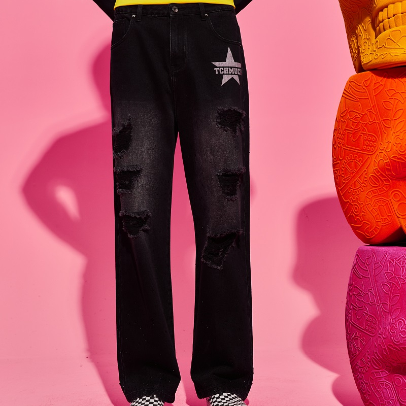 TCH潮牌黑色破洞满天星款休闲百搭直筒宽松牛仔长裤S69D208011