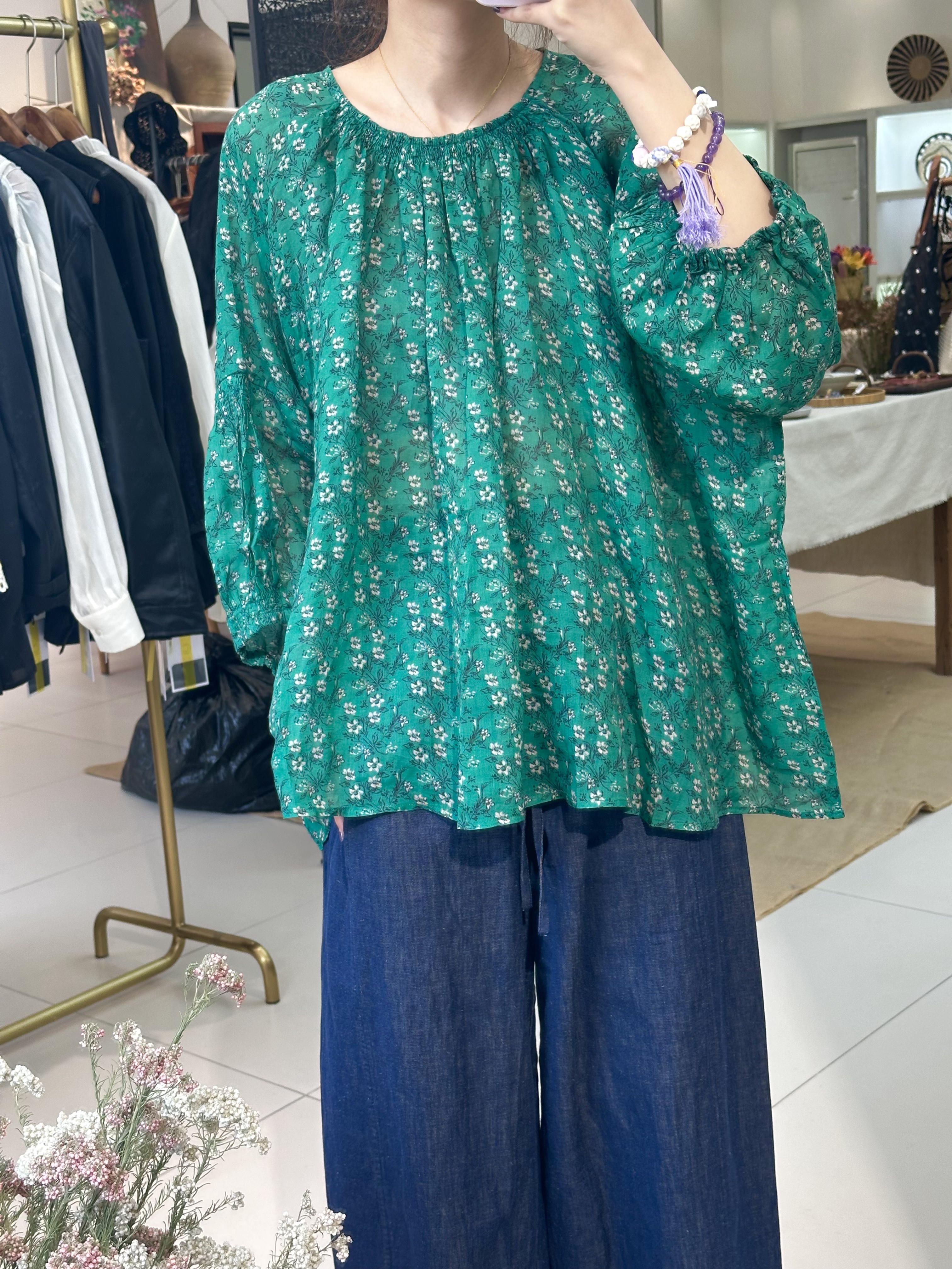 chalan  新款苎麻绿色小花T恤H25C0319