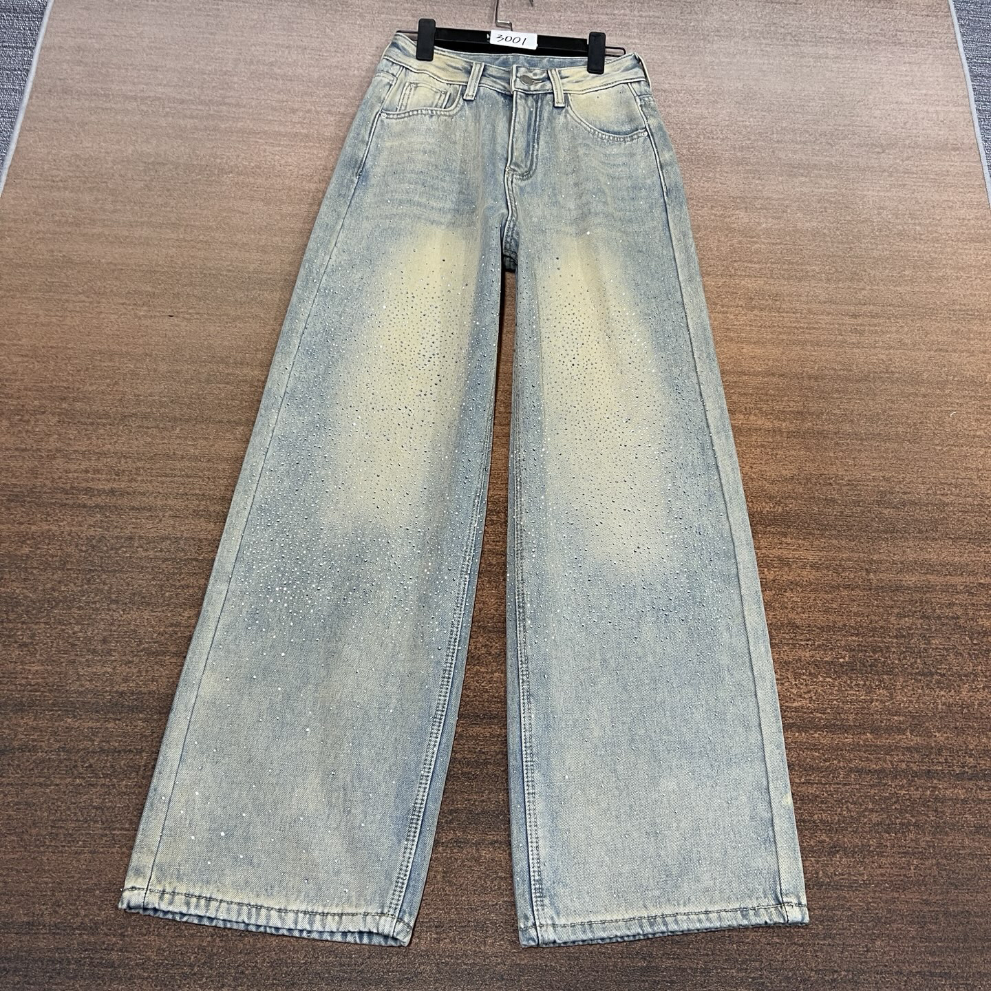 #A14-Q3001 加绒-厚绒 浅复古耀眼星河重工烫钻阔腿拖地女裤 无弹