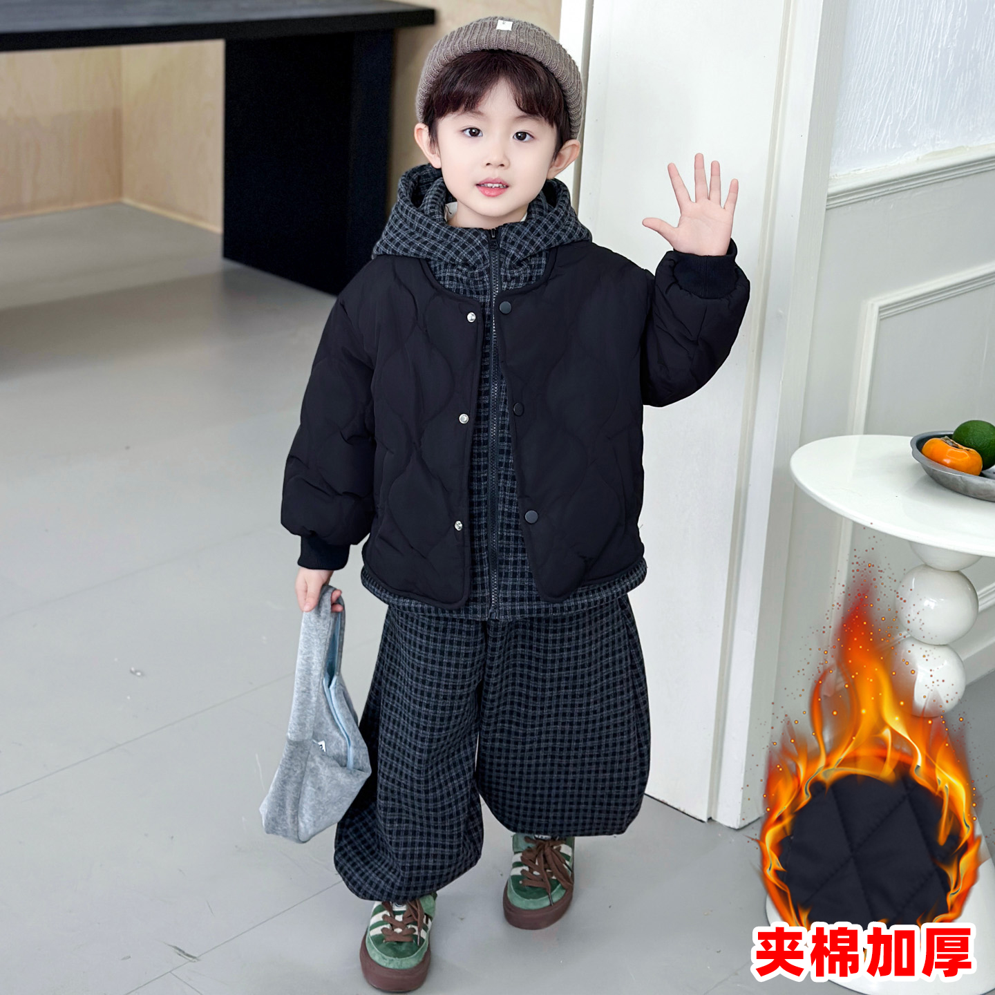 男童假两件夹棉套装2025秋冬新款儿童装宝宝冬季加厚外套保暖棉服