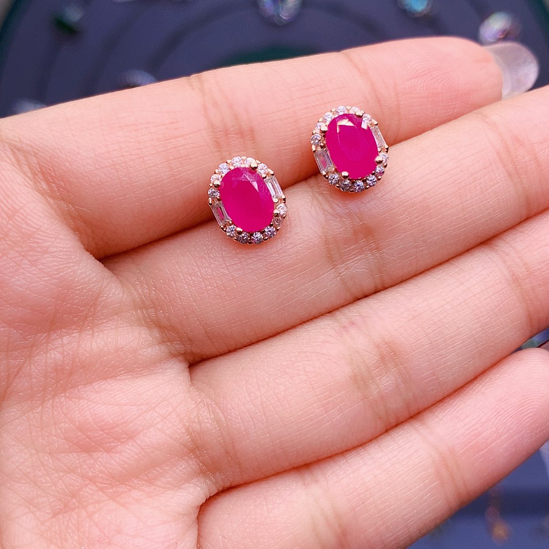 红宝石耳饰银S925镶嵌