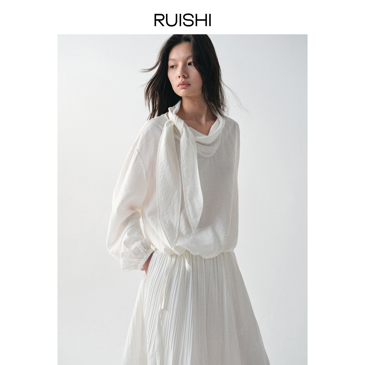 RUISHI芮时茶话会荡领绑带显瘦设计感长袖格子衬衫女春R26A115804