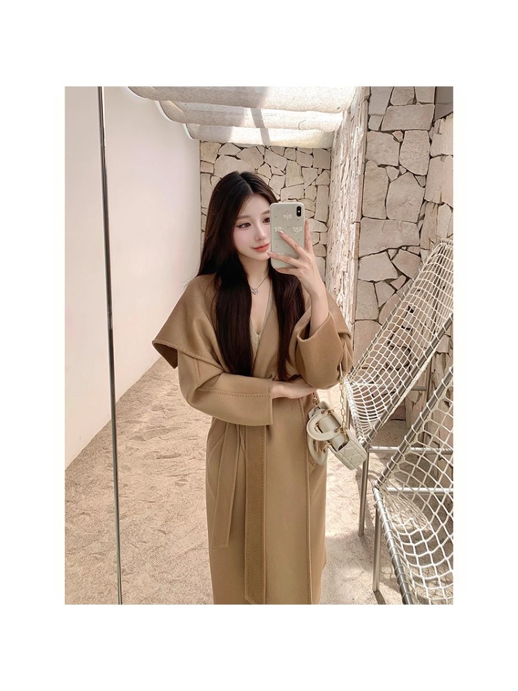 驼色双面呢子大衣女中长款2025冬新款大翻领慵懒宽松收腰毛呢外套