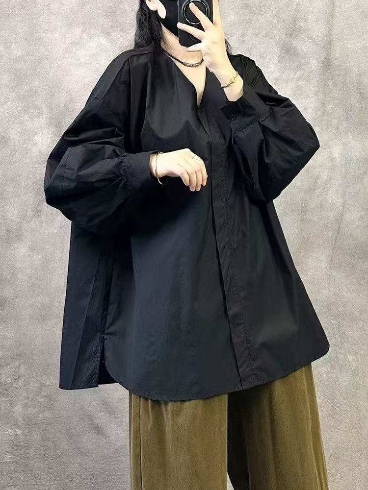 单排多扣时尚拼接纯色宽松长袖欧若智性风衬衫V领