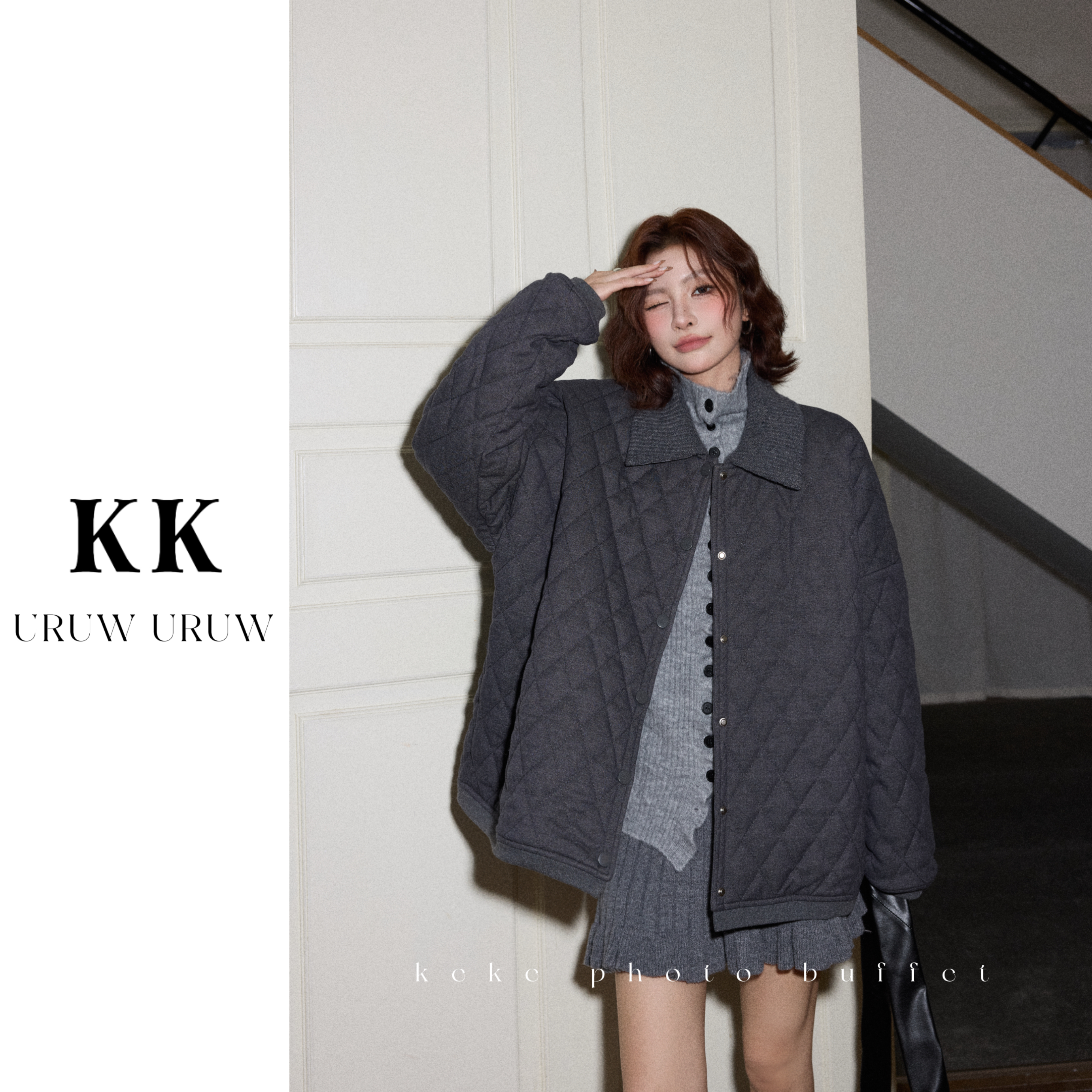 柯柯【菱格暗语】休闲日常翻领菱格纹夹棉外套KN410