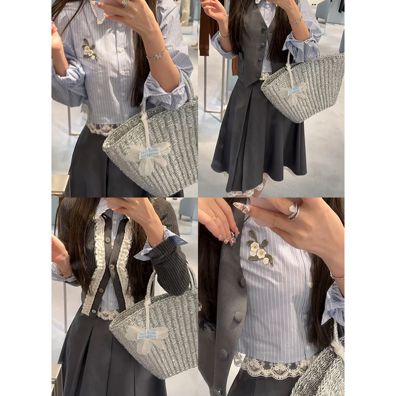 【mimius】&喵喵 学院蕾丝拼接衬衫+蝴蝶结马甲+半裙+开衫 G02178