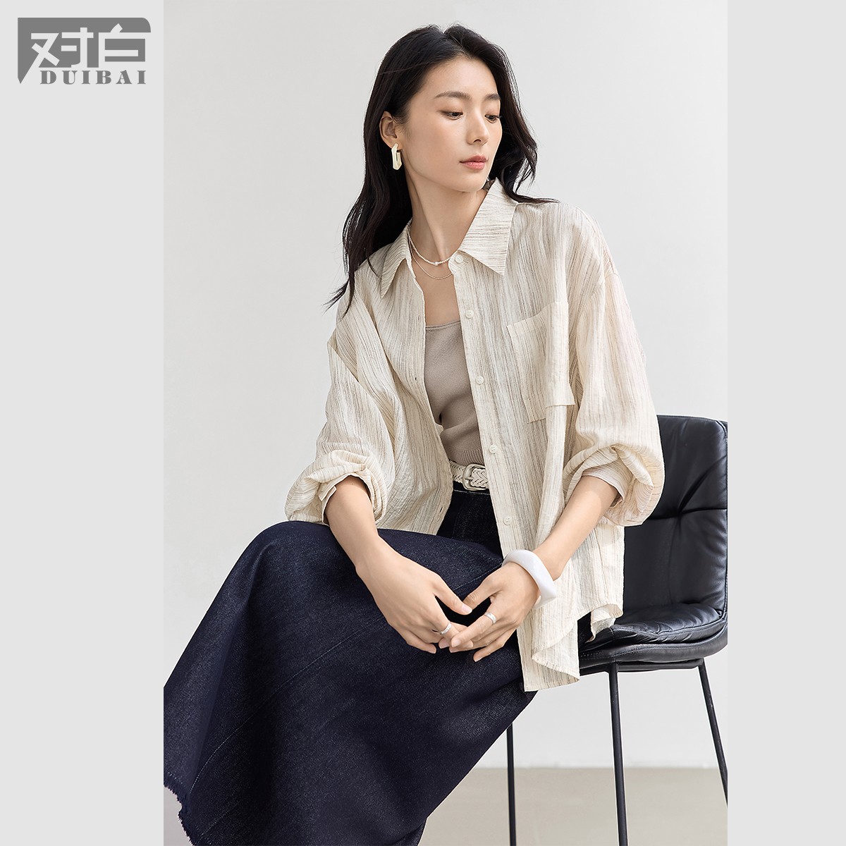 D01对白气质薄款宽松条纹衬衫女淡人衬衣外套FDC149