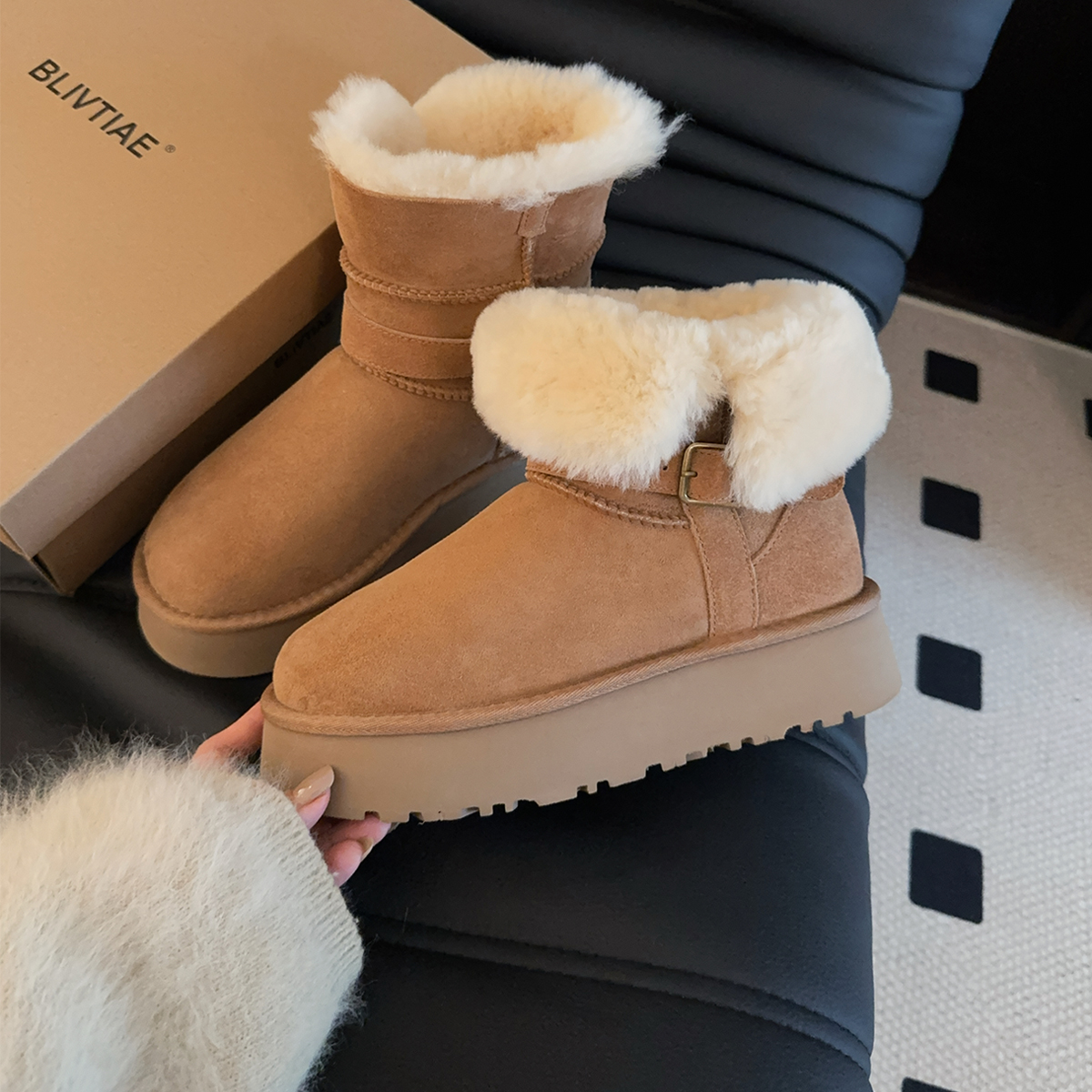 骑士雪地靴女款2025新款冬季皮毛一体鞋子短筒保暖厚底雪地棉防滑