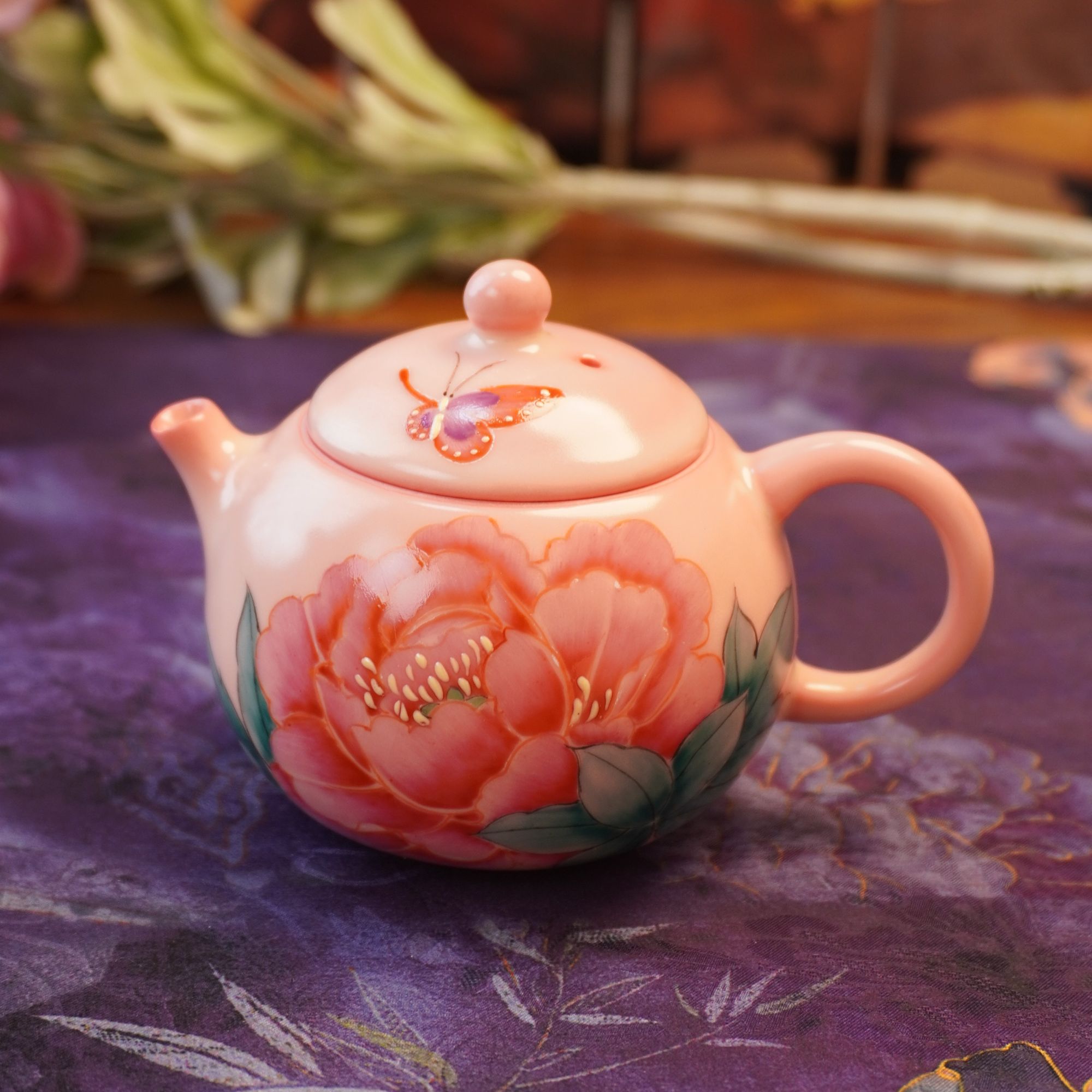 【粉黛佳人·牡丹壶】开片养线猪油冻陶瓷茶具手绘牡丹家用泡茶壶