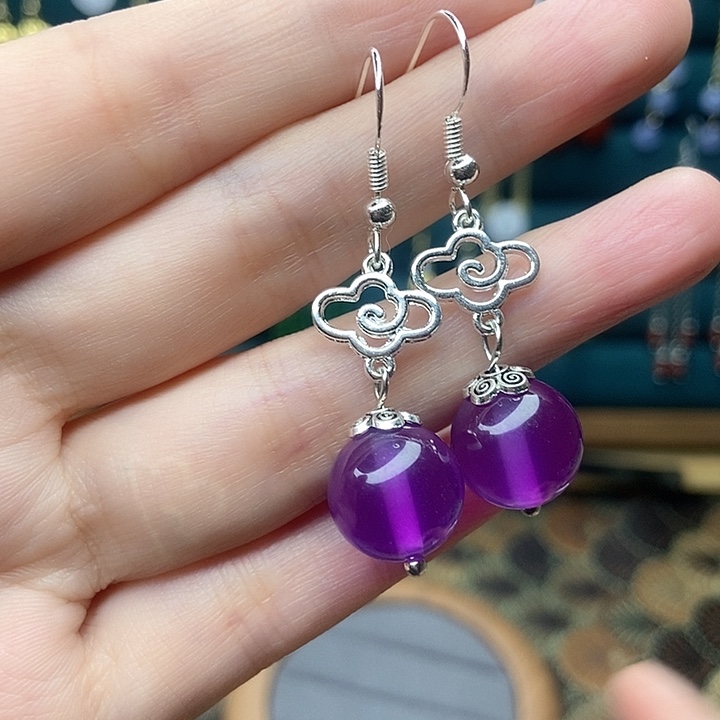 石英质玉耳钉银S925镶嵌