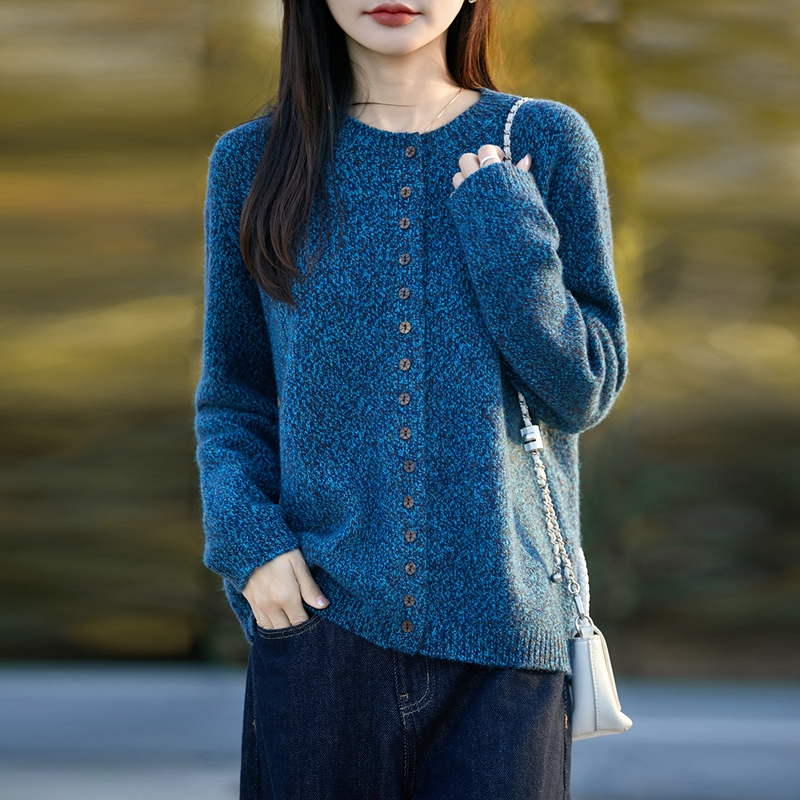 老钱风花纱针织开衫女蓝色圆领纽扣毛衣宽松百搭外套爆款休闲外搭