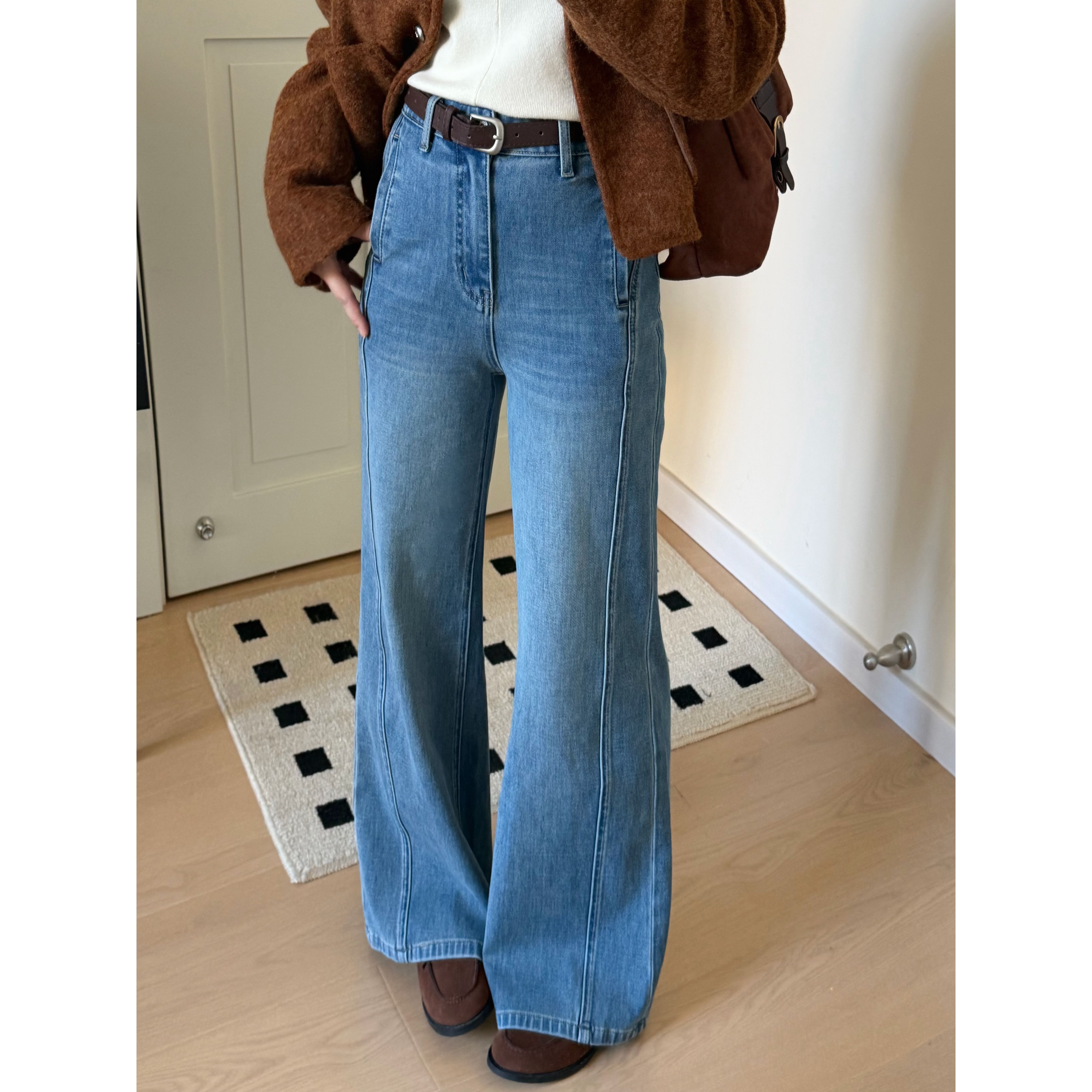 运费补贴【只只149cm】秋冬加绒加厚高腰遮胯显瘦拼接窄版阔腿裤女